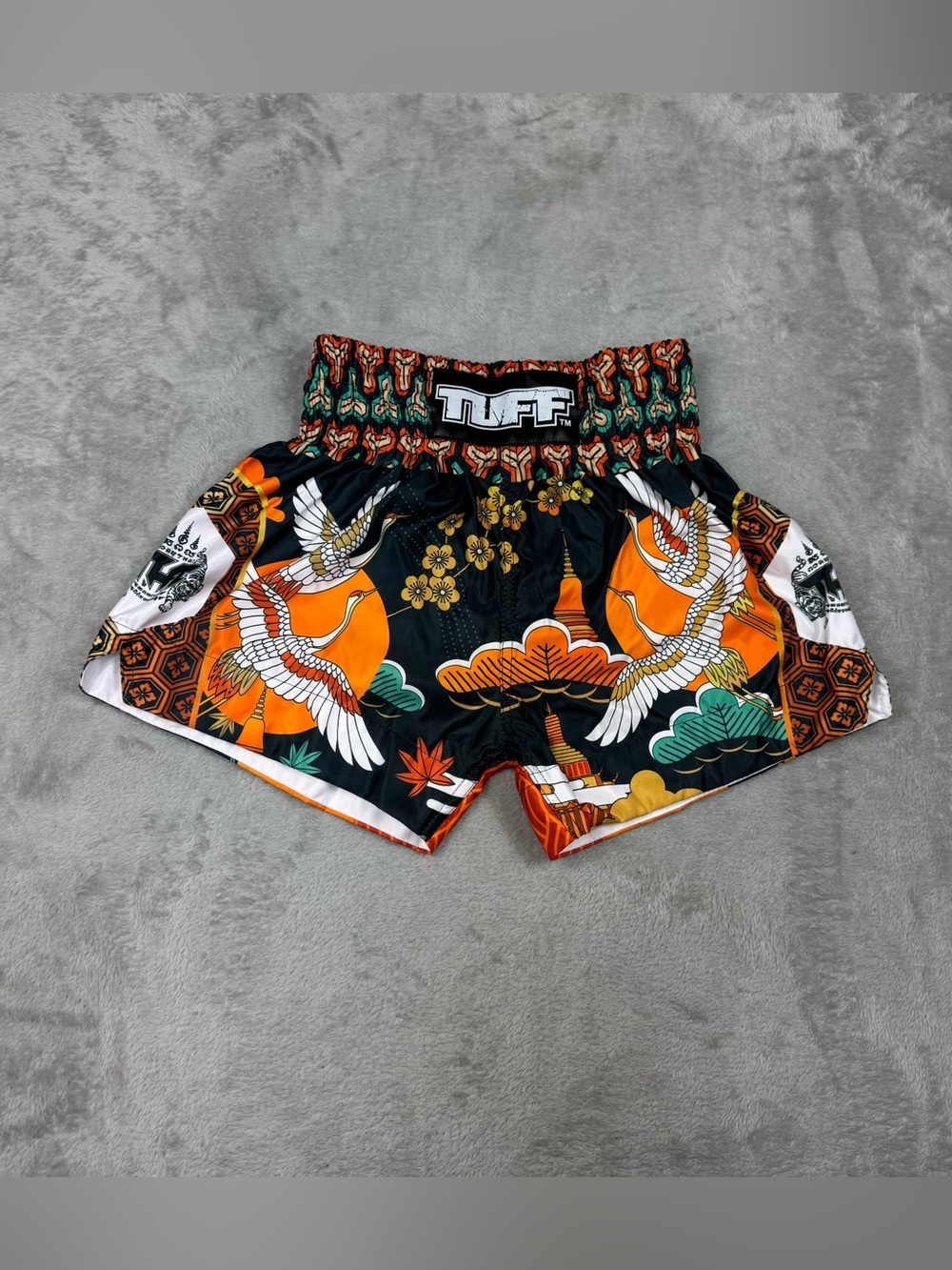 TUFF Muay Thai Kickboxing Shorts Japanese Crane Orange Black Size S NWT